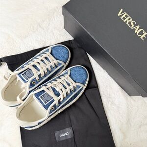Versace Navy Baroque Denim and Cream Greek Key Low-Top Sneakers